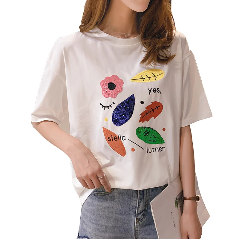 

Zuolunouba 2020 Summer New Korean Embroidery women T-shirt Casual Sequin Loose Beaded Embroidered Round Neck Short Sleeve Tops