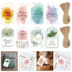 50PCS Watercolor Thank You Tags With Ropes Eucalyptus Leaves Pattern Wrapping Hang Labels Gifts Decor Baby Shower Party Suppiles