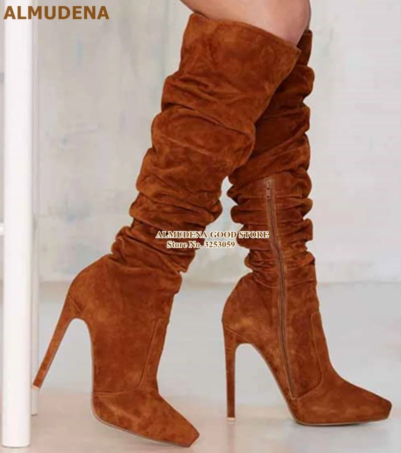 ALMUDENA Brown Suede Folded Knee High Boots Stiletto Heels Tall Boots Fall Winter Chocolate Gladiator Long Boots Size47 Dropship