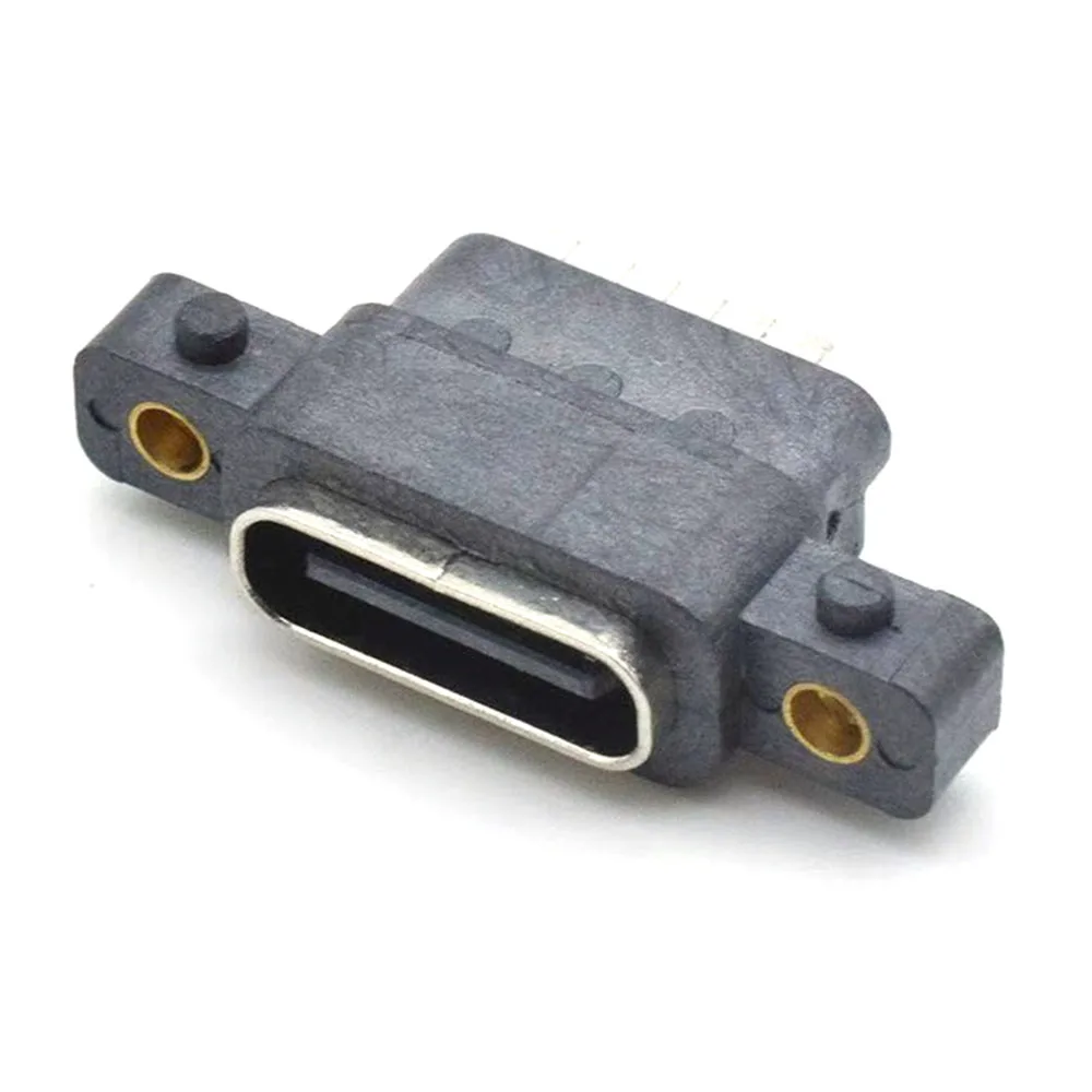 1pc TYPE C 2/6Pin Waterproof Female USB C Socket Port With Screw Hole Fast Charge Charging Interface 180 Degree USB Connector