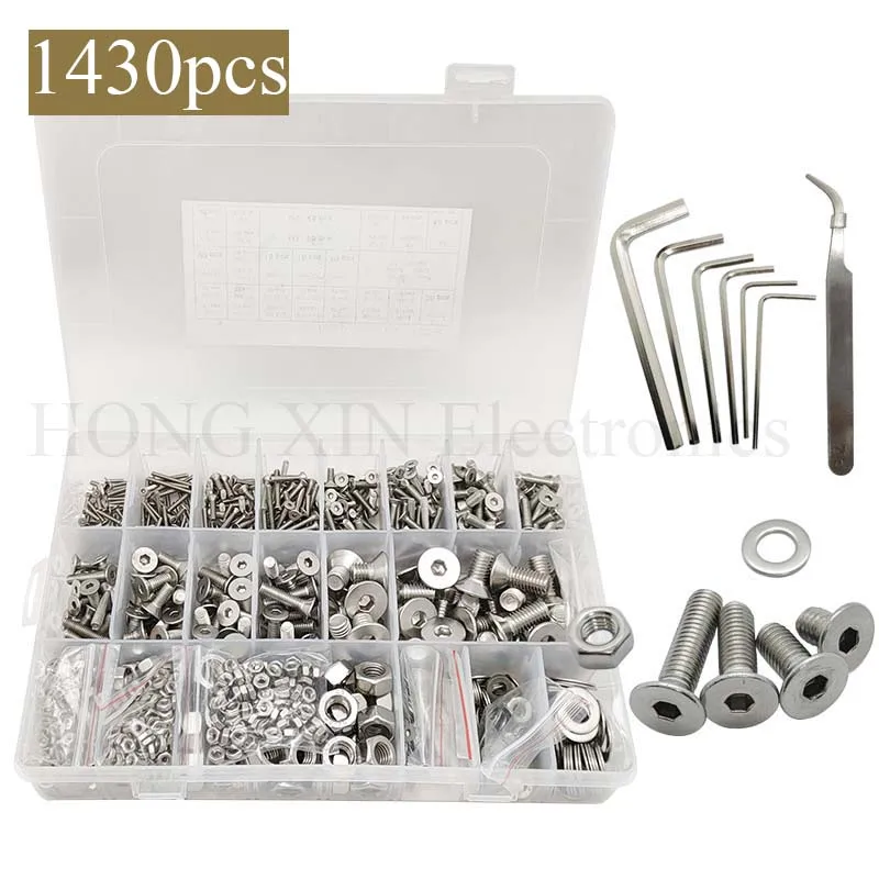 

1430 Pieces Stainless Steel Hex Flat Button Screw Set, M2 M2.5 M3 M4 M5 M8 Screws Nuts and Washers Assortment Kit