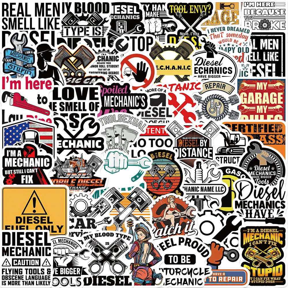 10/30/50pcs Cartoon Diesel Mechanic Stickers Warning Sticker Phone Laptop Car Waterproof Decal Decor Stickers Kids Toys
