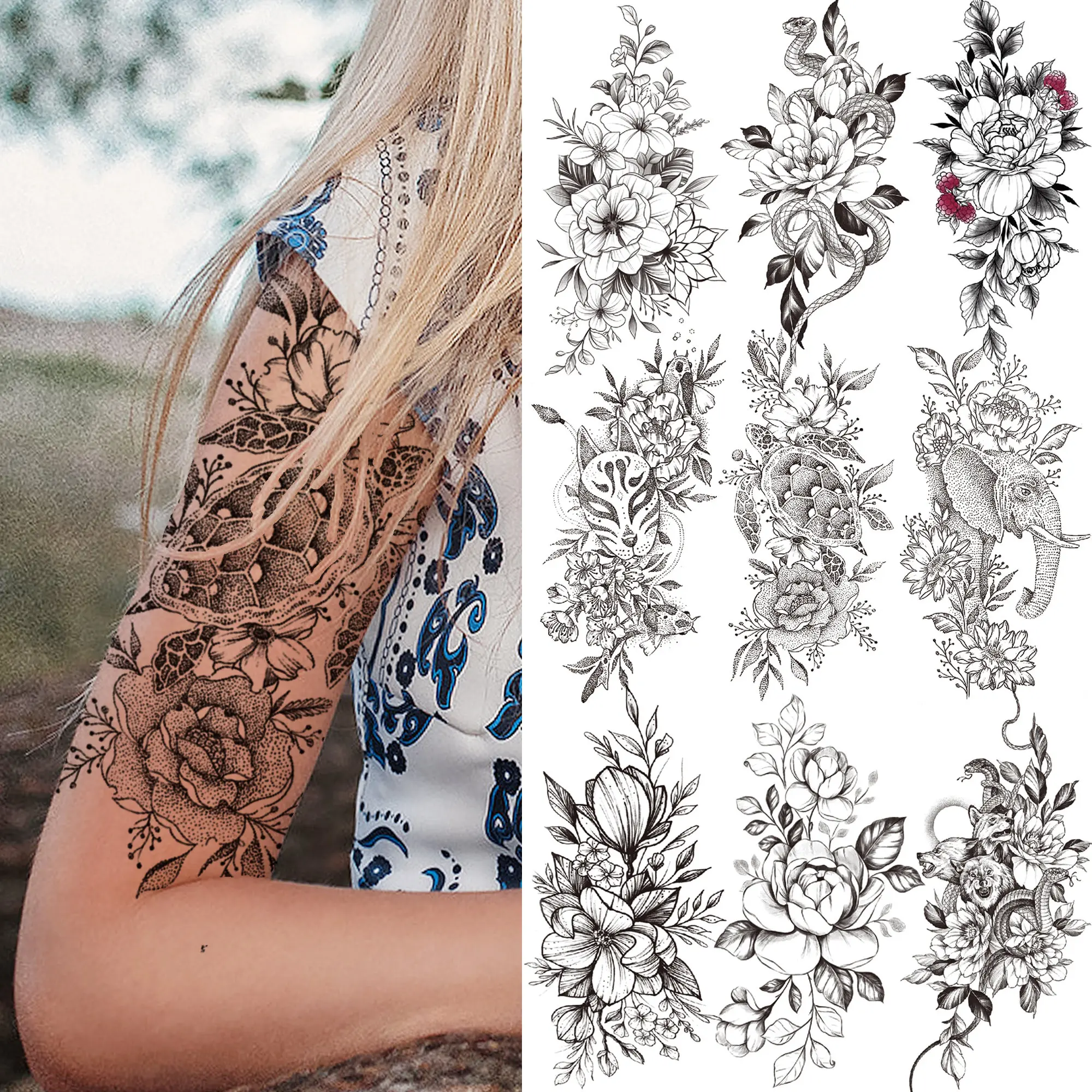 

Tortoise Flower Temporary Tattoos For Women Girls Adults Realistic Elephant Peony Tattoo Sticker Black Snake Tatoos Half Sleeve