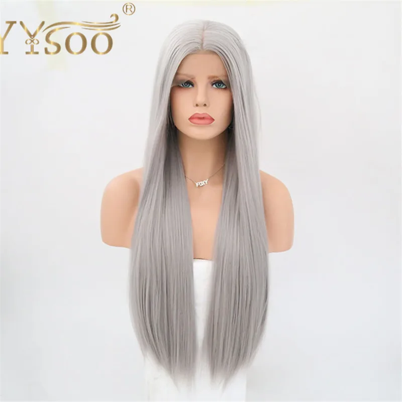 YYsoo สีเทาสังเคราะห์ Wigs สำหรับผู้หญิง13X4ยาวตรงที่สมจริงยาวตรงความร้อนทนวิกผมสังเคราะห์