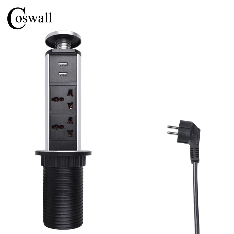 COSWALL PULL POP UP 2 Universal Power Socket 2 USB Charging Port Kitchen Table Sockets Retractable Countertops Worktop EU Plug