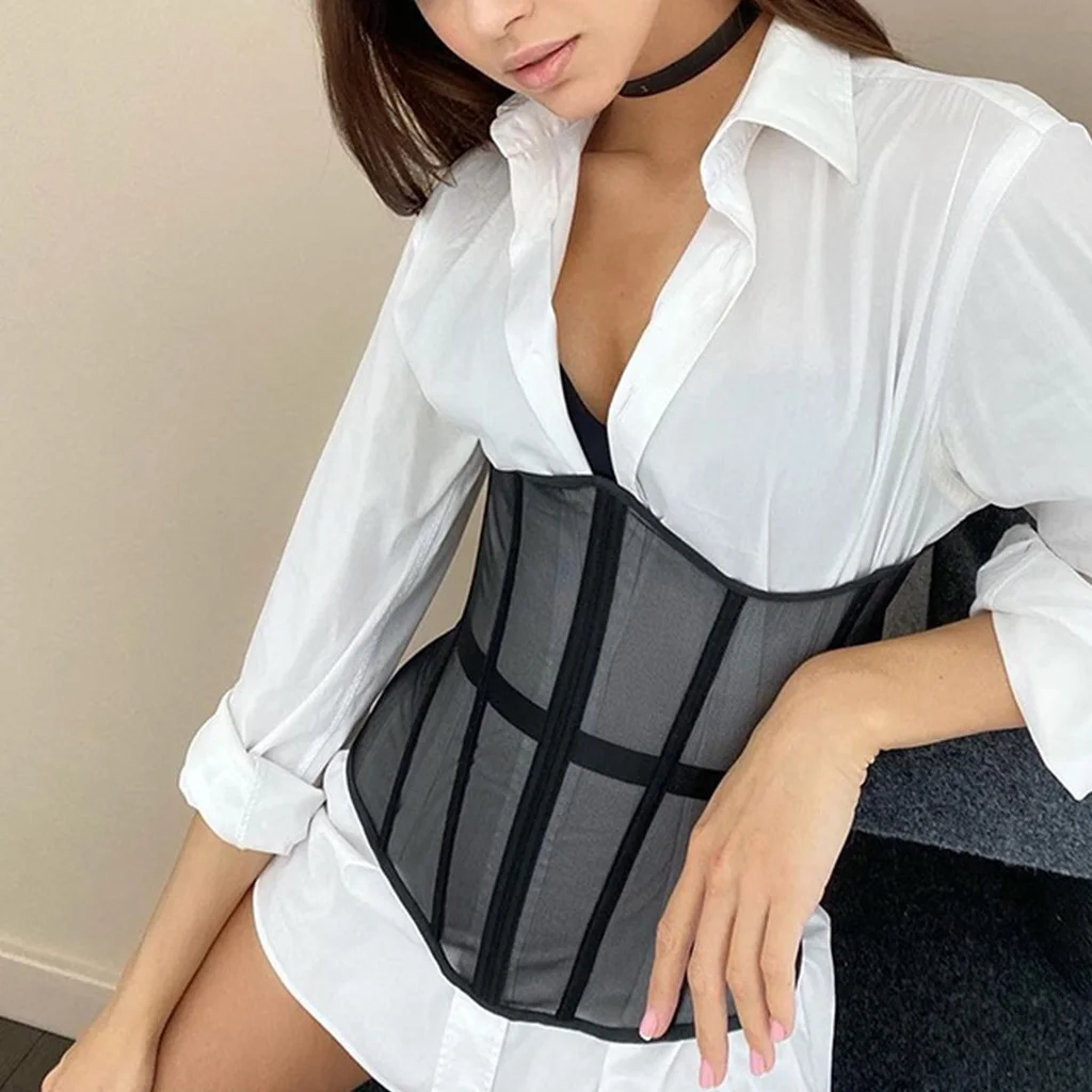 Women Sexy See-Through Mesh Underbust Corset Top Crisscross Lace-Up Bandage Bustier Slimming Waist Belt Cincher Body Shaper .