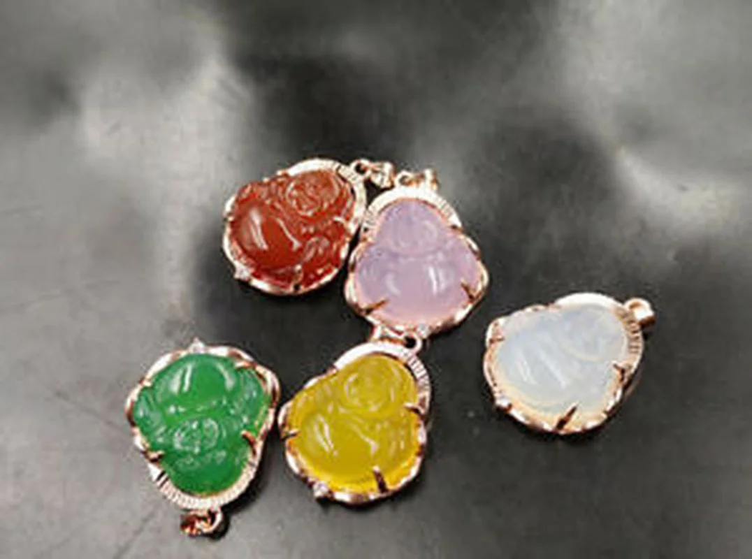 

Red Green Pink Yellow White Chalcedony Agate Gold Plated Buddha Pendant Necklace