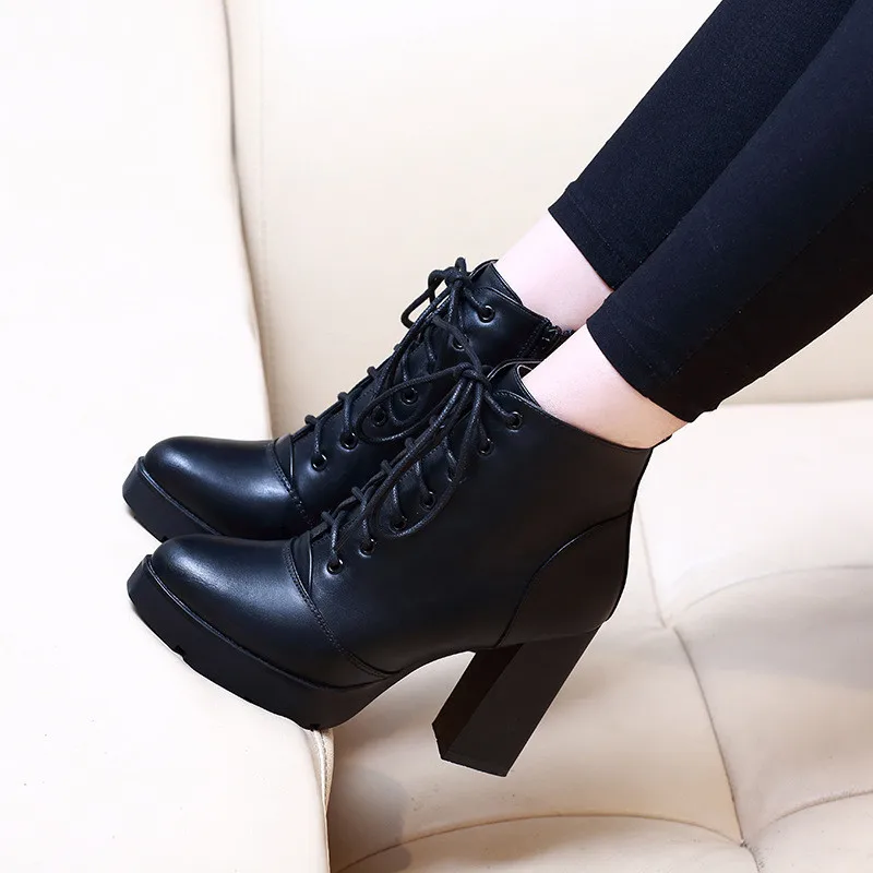 Women Ankle Boots Square High Heel Boots For Woman Fashion Zip Black Autumn Winter Womens Lace Up Platform Boots Shoes