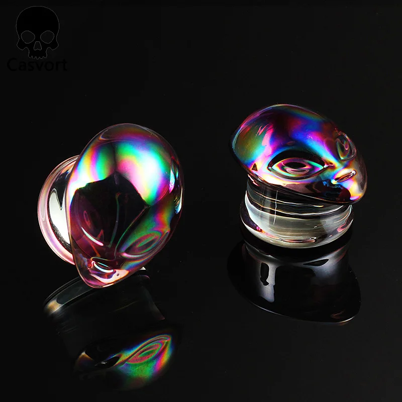 Casvort 2PCS Colorful Alien Glass Ear Body Jewelry Earrings Expanders Piercing Plugs Strechers Ear Gauges Gift For Women Men