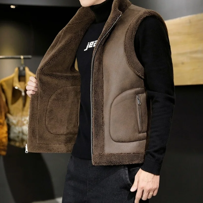 

Double-Sided Winter Fake Lambswool Warm Vest Men Casual Stand Collar Sleeveless Jacket Vintage Motorcycle Biker Waistcoat Male