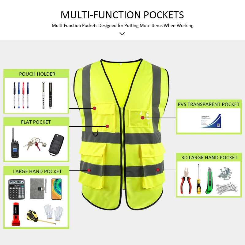 VOOFENG High Visibility Reflective Vest Clothing Safety Vest WorkWear with Pocket Zipper Jacket for Construction RS-BX07