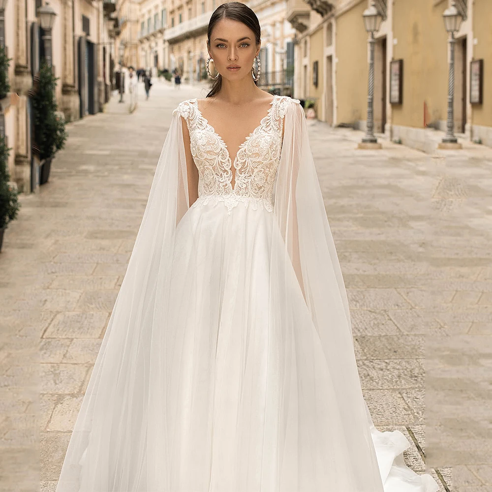 Vestidos De Novia De línea a con cuello en V, apliques De manga acampanada, encaje De flores, tren De corte sin espalda, De lujo, Vestidos De Novia