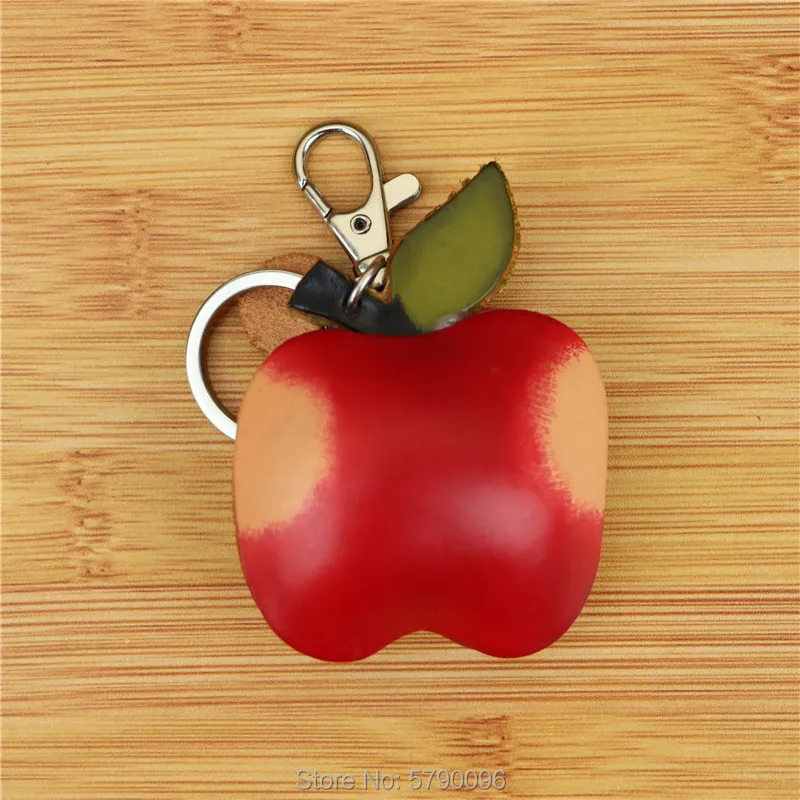 Llavero creativo hecho a mano de cuero genuino, colgante de bolsa de manzana roja, mini bolsa de cuero de vaca de fruta linda, accesorios de regalo