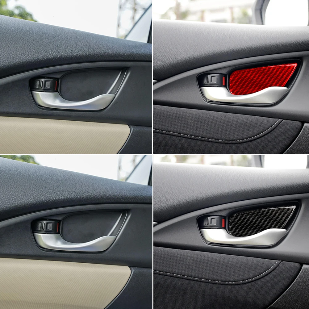 4Pcs Car Interior Door Handle Bowl Cover Trim Carbon Fiber Decorative Sticker for 2016-19 Honda Civic 10th Gen