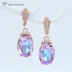 S&Z DESIGN New Fashion Oval Large Crystal Dangle Earrings For Women Wedding Luxury 585 Rose Gold Color Zirconia Jewelry