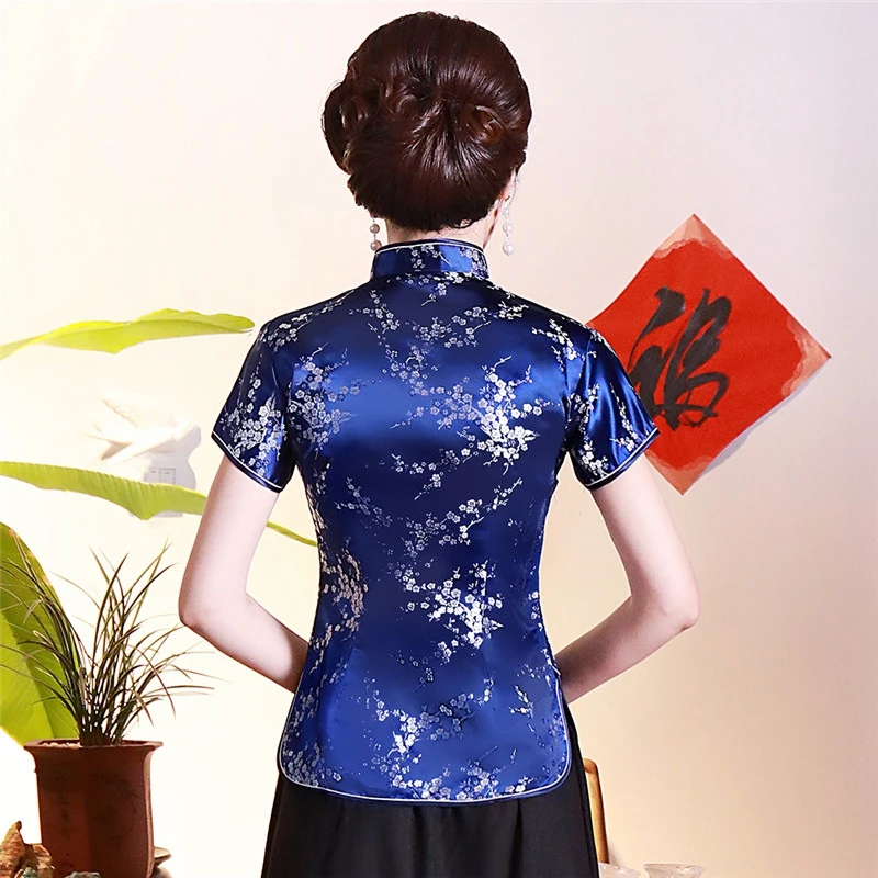 Blusa de satén tradicional china para mujer, camisa Sexy de dragón, azul marino, Vintage, flor, 4XL