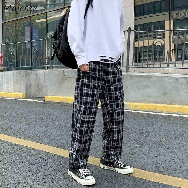 Casual Pants Men Straight Plaid Retro Trendy Loose Full Length Teens Trousers Korean Style Hip Hop High Street Elastic Waist