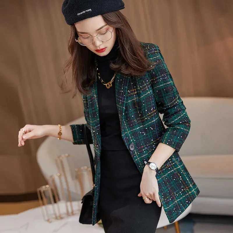 Blazer Women Autumn Winter Plaid V-Neck Slim Waist Tweed Jacket Fashion Vintage Office Lady Casual Suit Coat Graceful Clothing