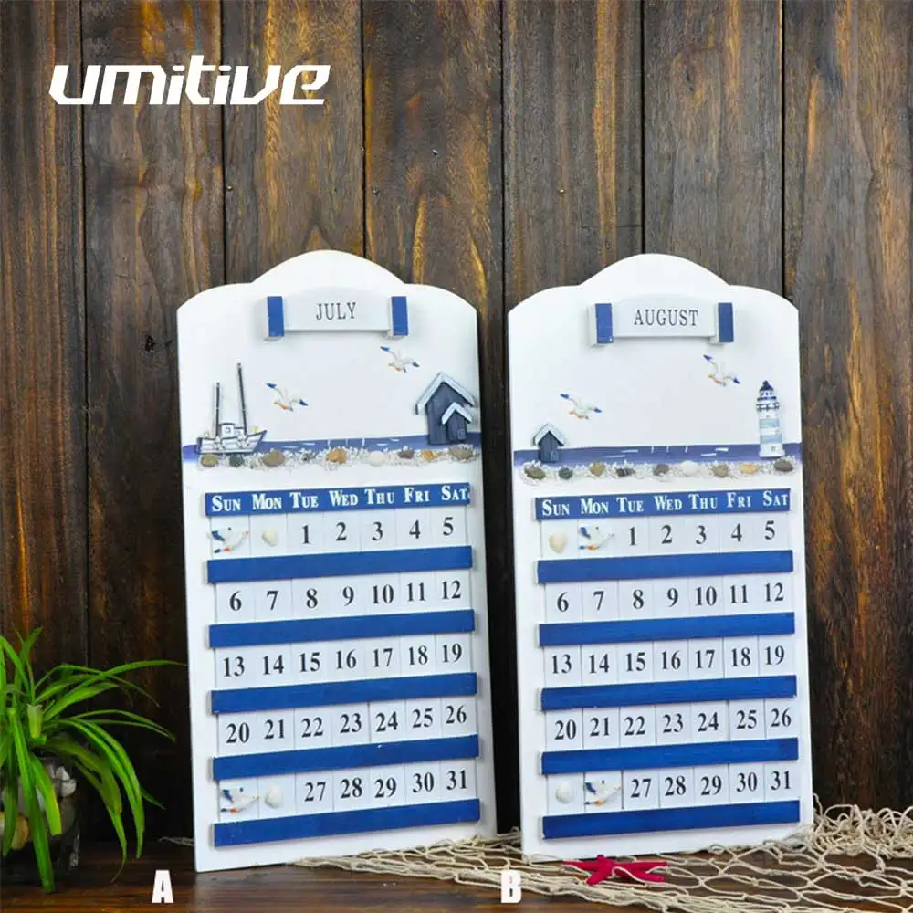 

Umitive 1 Pcs Mediterranean Style Wood Seafaring DIY Wall Hanging Calendar Creative Grocery Furnishing Articles Manually