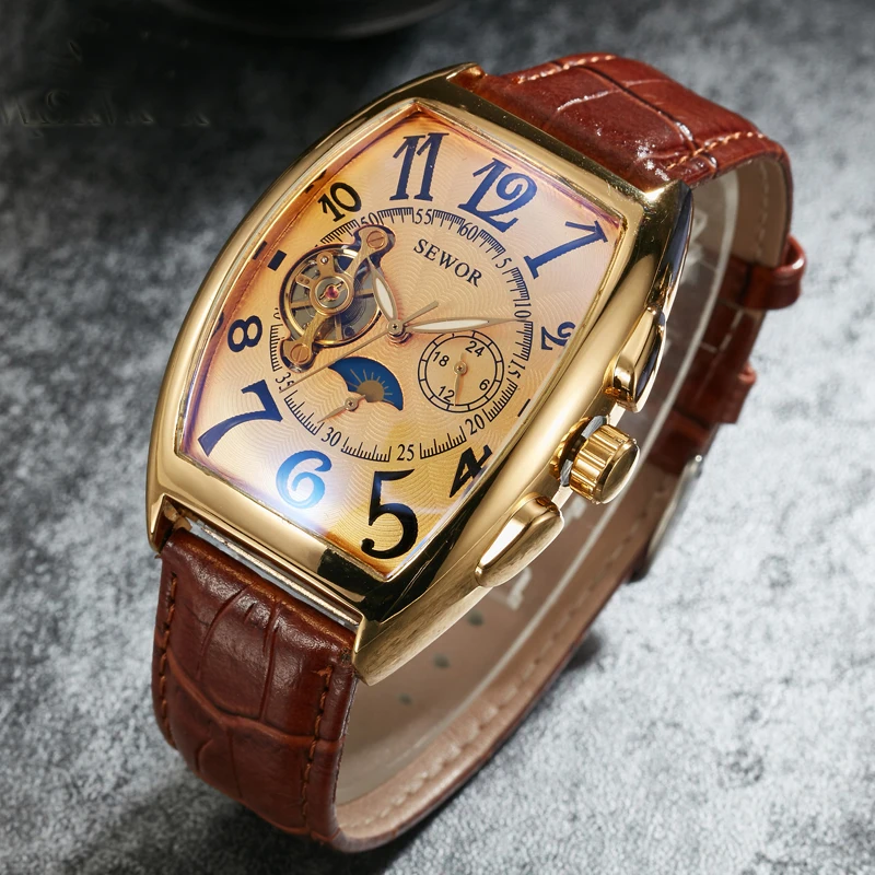 

SEWOR Fashion Luxury Gold Watch Men Mon Phase Tourbillon Watches Small Seconds Automatic Mechanical Wristwatches Reloj Hombre