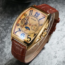 SEWOR Fashion Luxury Gold Watch Men Mon Phase Tourbillon Watches Small Seconds Automatic Mechanical Wristwatches Reloj Hombre