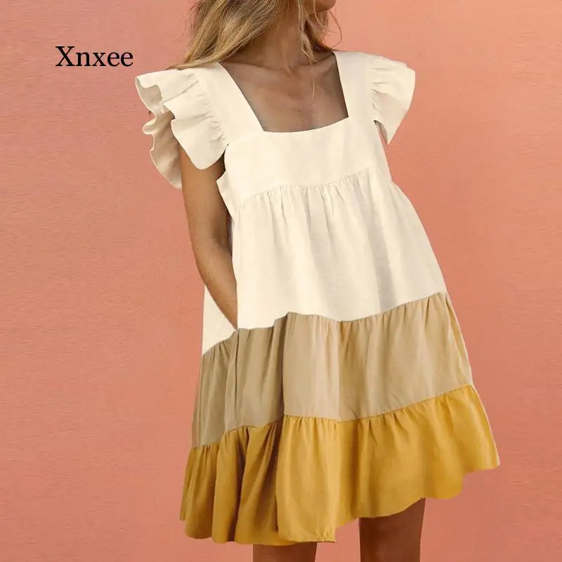 

Cute Sundress Butterfly Sleeve Mini Dress Elegant Off Shoulder Backless Women Dress Summer Patchwork A-Line Pocket Beach Dress