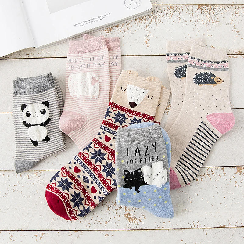 5Pairs New Spring Autumn Women Cotton Socks  In tube Animal Ear Cute Socks Fox Bear Soft Cartoon Socks Girl