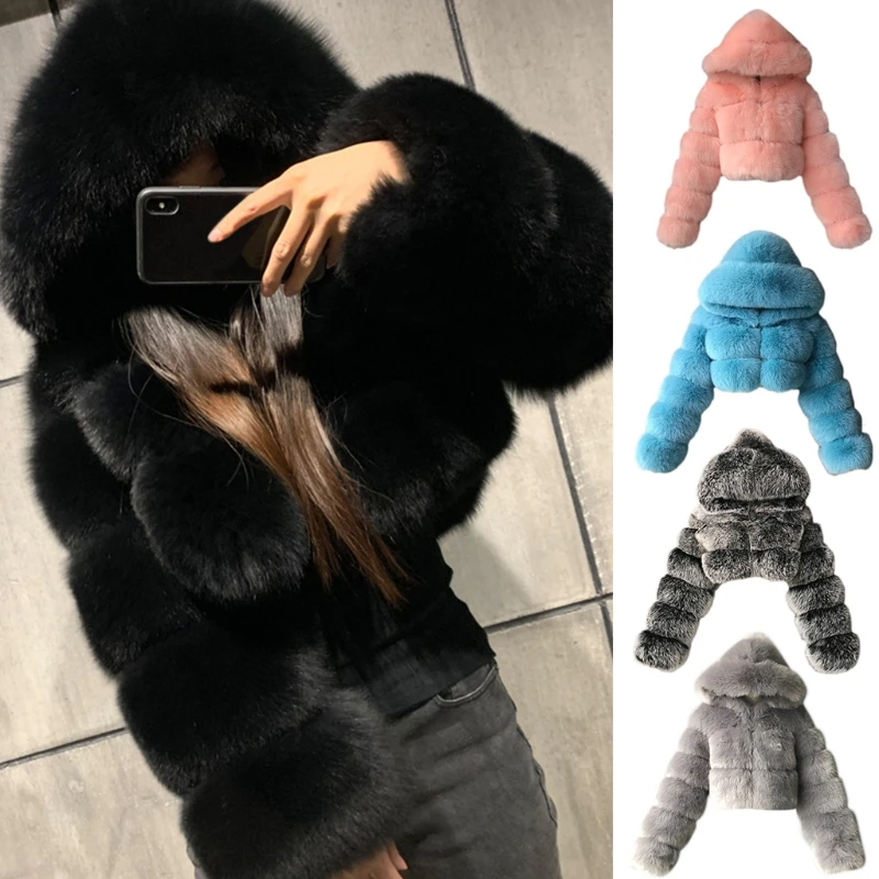 Women Winter Fluffy Furry Long Sleeve Jacket Hooded Full Zipper Solid Color Cropped Short Coat Luxury Warm Outwear S-2XL