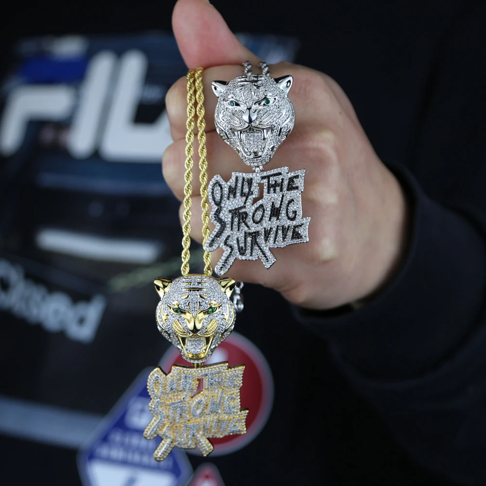 New Iced Out Bling CZ Letter Leopard Pendant Necklace Two Tone Color Cubic Zirconia Only The Strong Survive Men Hip Hop Jewelry