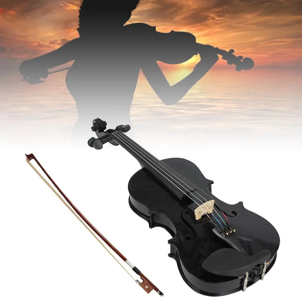 Regalo para Navidad 4/4 Kits de violín acústico negro de tilo de tamaño completo con estuche, arco y colofonia para violín principiante