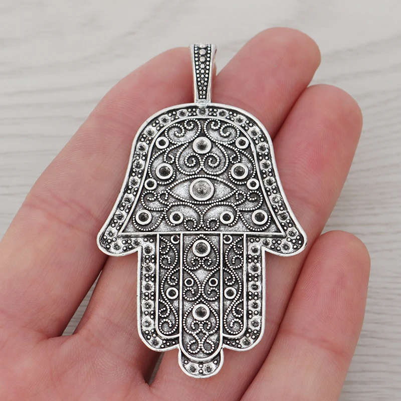 3 x Tibetan Silver Large Hamsa Hand Charms Pendants for Necklaces Jewelry Making Findings 70x40mm