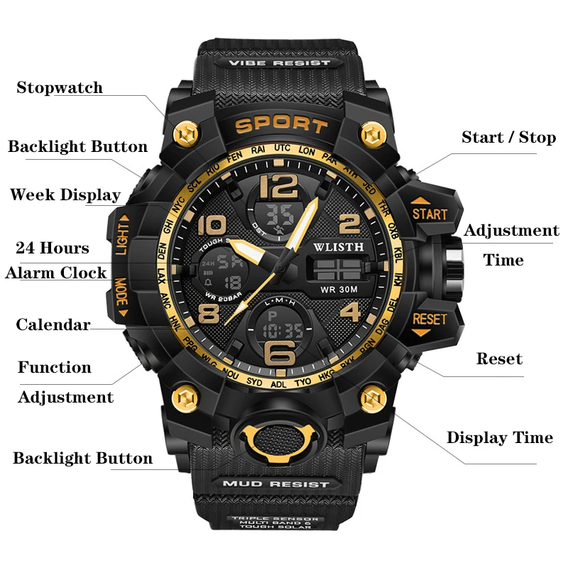 Men\'s Outdoor Sports Waterproof Cool Double Display Luminous Large Dial Multifunctional Electronic Watch