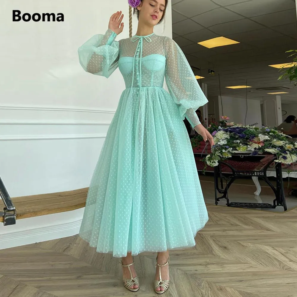 Booma Aqua Dihiasi Tulle Gaun Prom Panjang Leher O Puff Lengan Ilusi A-Line Gaun Pesta Kancing Atas Teh-Panjang Prom gaun