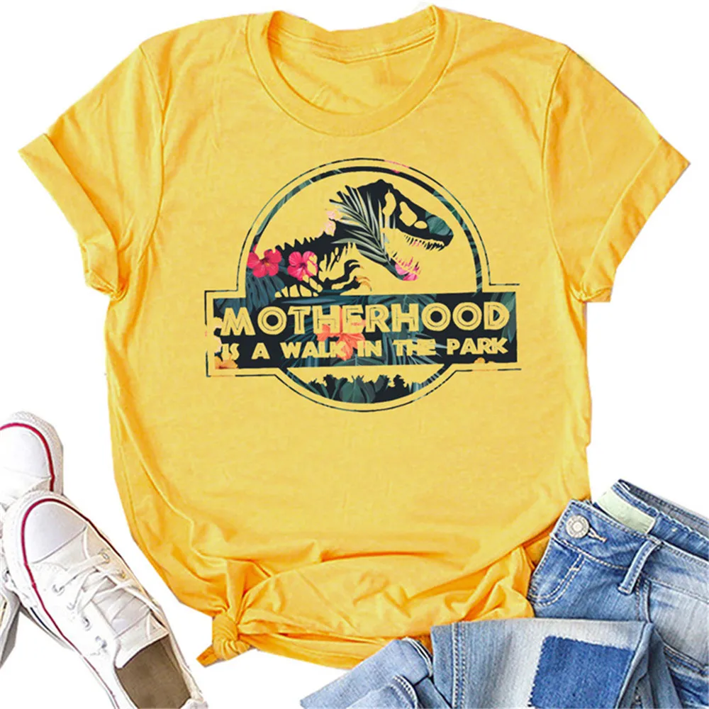 MOTHERHOOD IS A WALK IN THE PARK Letter Harajuku Print Women T shirt Cute Dinosaur Head Graphic Tshirt Female Vintage T-shirt