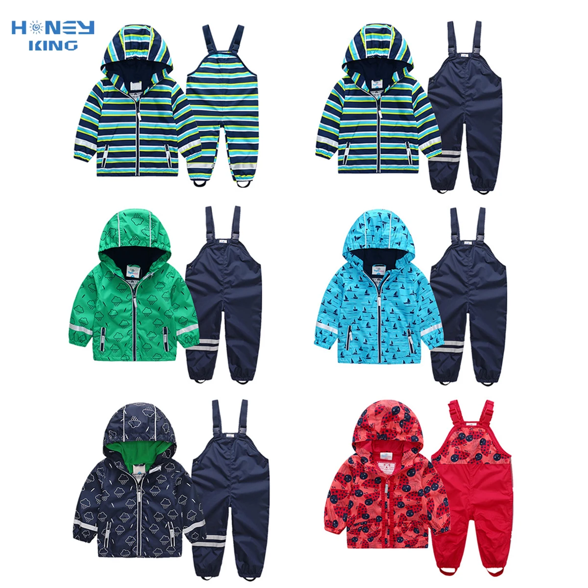 HONEYKING Children's Raincoat Suit Baby Waterproof Overalls Toddler Pants Girl Jumpsuit Rainwear Boy's Jacket And Trousers Set