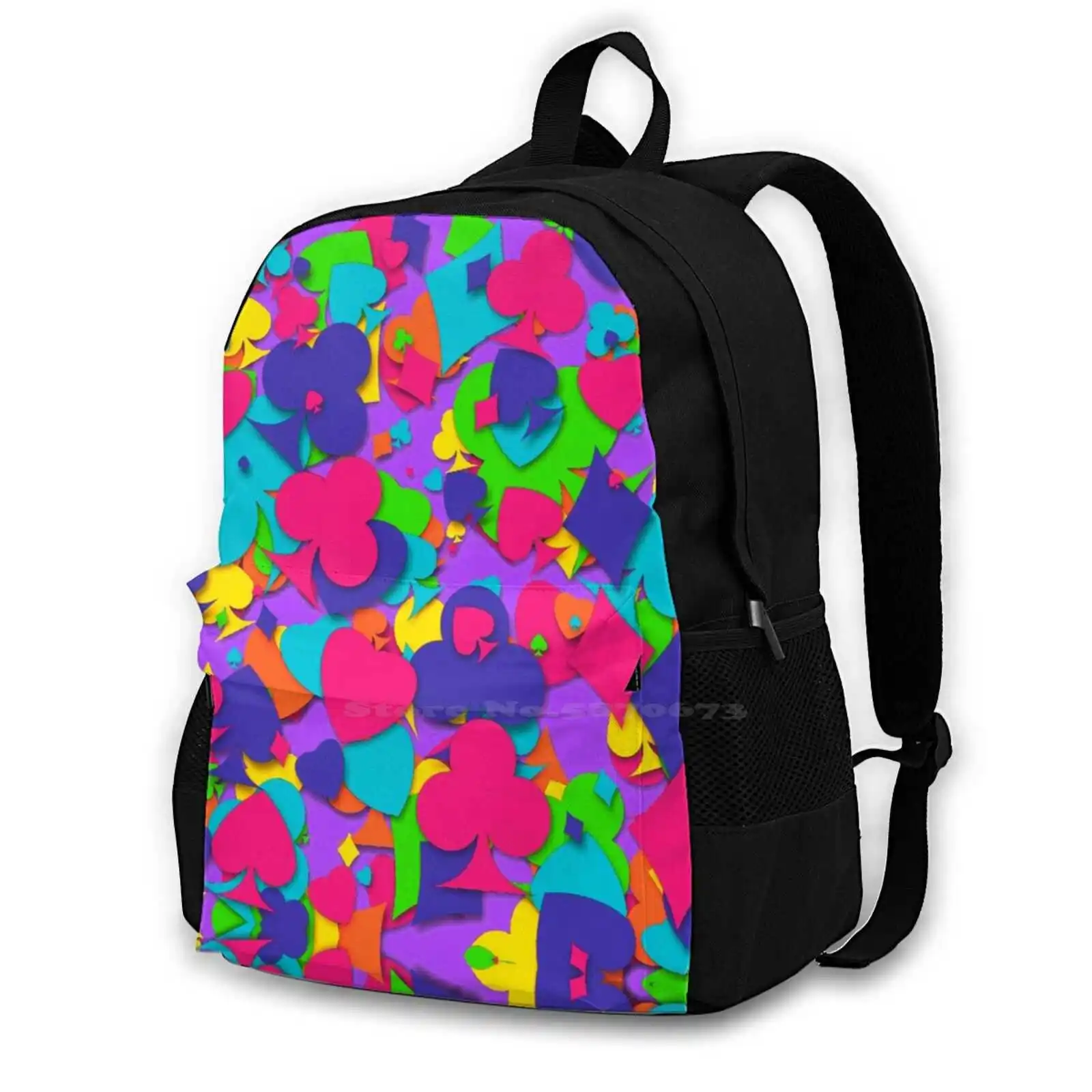 Colorful Playing Card Suits Travel Laptop Bagpack School Bags Playing Vegas Poker Heart Spade Club Diamond Pink Purple Yellow