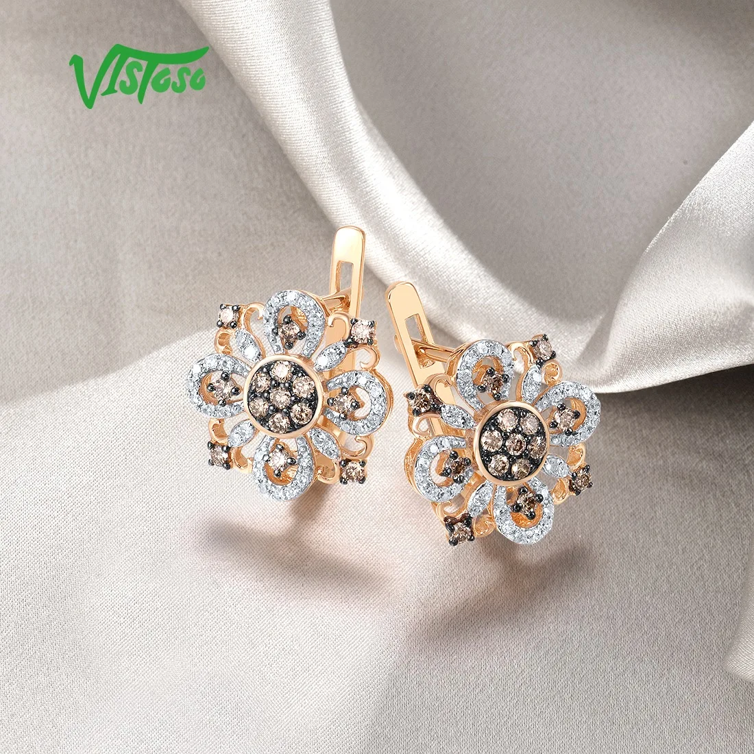 VISTOSO Pure14K 585 Rose Gold Earrings For Women Sparkling Diamond Brown Diamond Flower Earrings Delicate Trendy Fine Jewelry