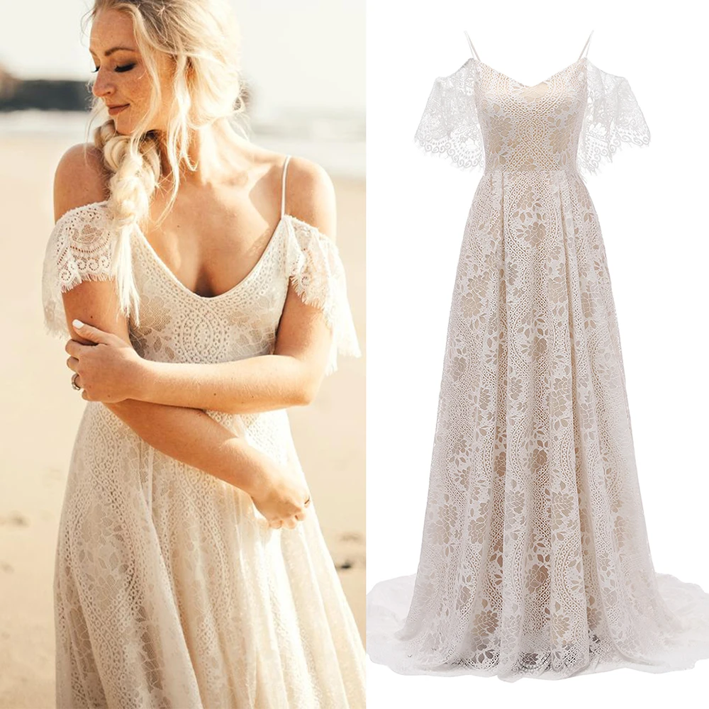 

Boho Backless Lace Wedding Dres Beach Long Cheap Bohemian Custom Made Flutter Sleeve Spaghetti Straps Cold Shoulder Bridal Gowns