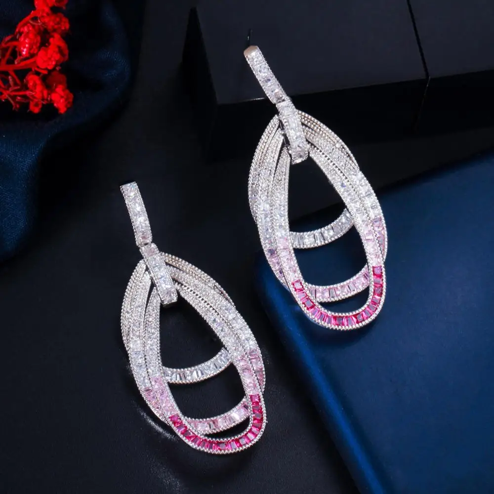 Pera Unique Pink Red Cubic Zirconia Silver Color Long Dangle Multilayer Circles Drop Luxury Wedding Party Earring for Women E641