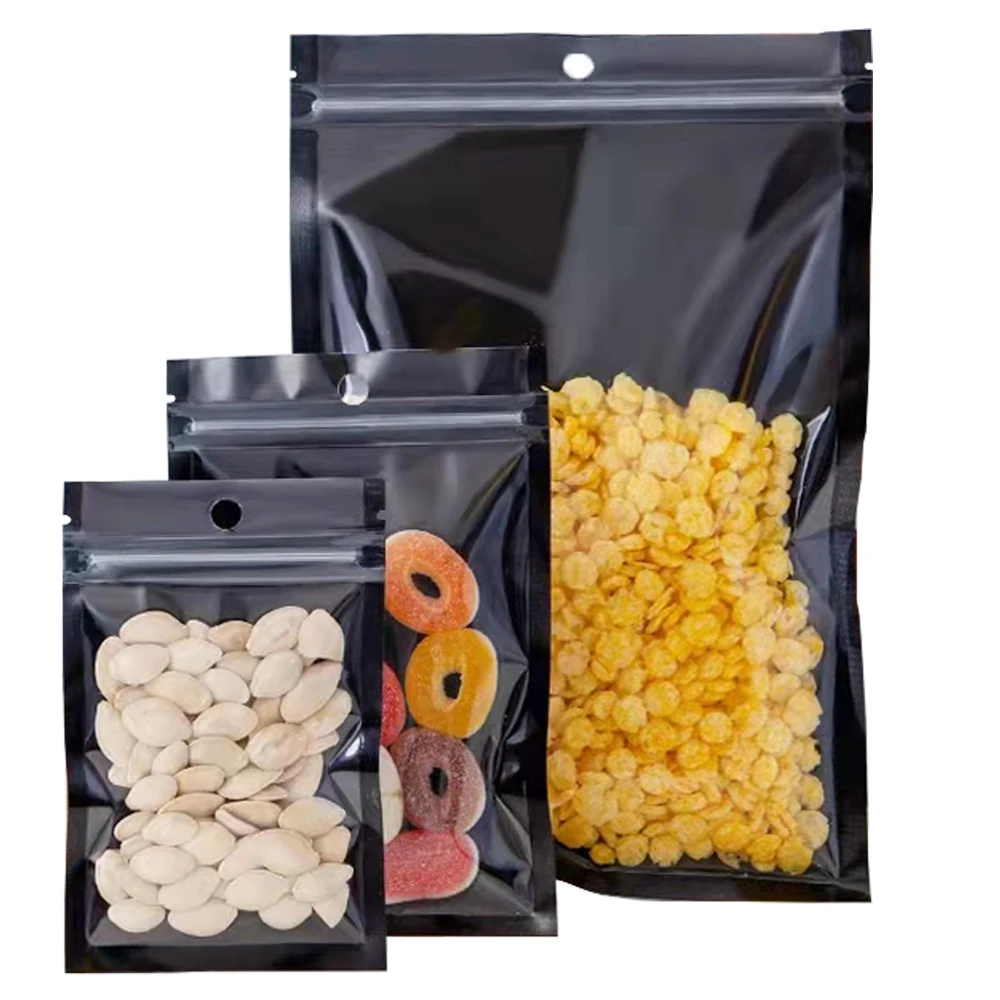 100Pcs Clear Black Aluminum Foil Zip Lock Bag with Hang Hole Reclosable Reusable Tear Notch Zipper Seal Food Storage Pouches