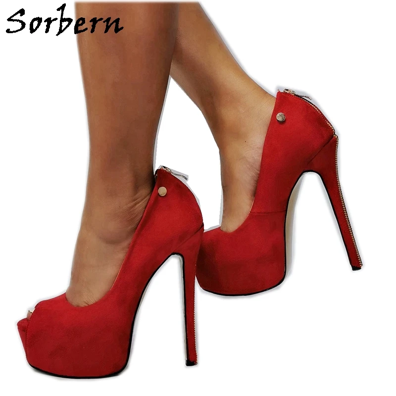 Sorbern Red Faux Suede Women Pumps Back Zipper Sexy Heels For Women Size 12 Transgirls Big Size Peep Toe Platforms