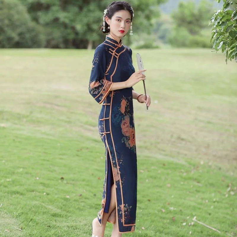 Old Shanghai Cheongsam Gaun Qipao Wanita Elegan Vintage Gaya Cina Baru Musim Gugur 2022 Gaun Lengan Panjang Hanfu Elegan