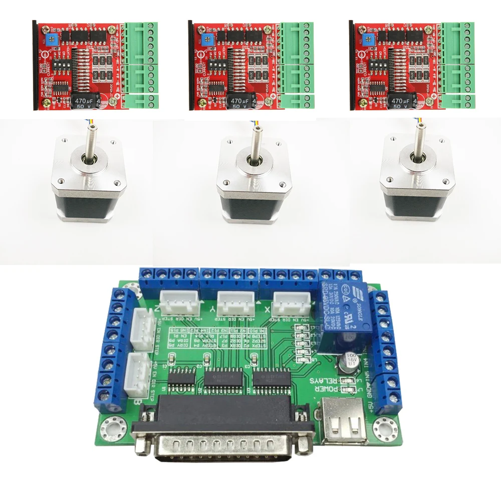 

CNC TB6600 Router Kit 3 Axis, 3pcs TB6600 4.0A stepper motor driver +3pcs 17HS48 0.44NM motor+ 5 axis interface board