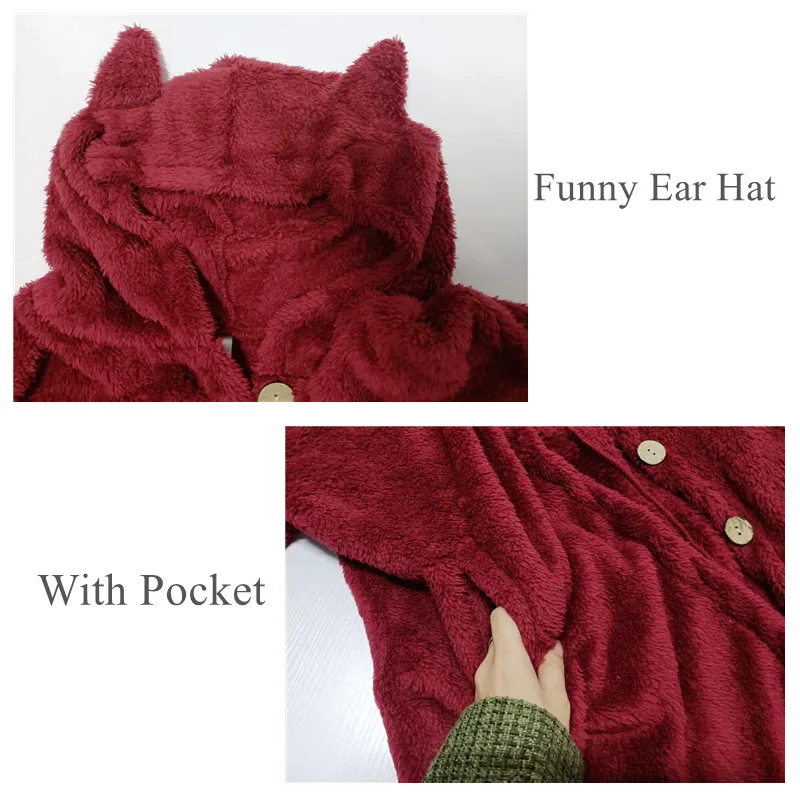 2020 Women\'s coat Winter Plus Velvet Sports Winter Cute Cats Ears Hooded Irregular Hem Buttons Jacket Fleece Coat Christmas gift