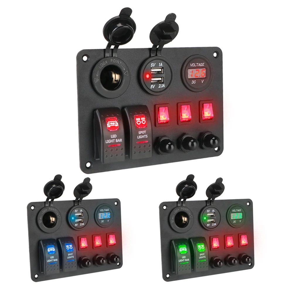 Digital Voltmeter Dual USB Ports 2+3 Gang Rocker Switch Panel With Overload Protector Car Marine RV Circuit LED Breaker