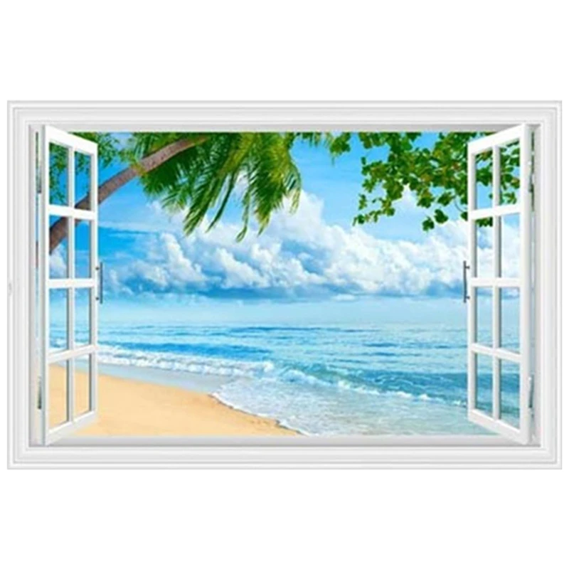 Sea View Mural Sunny Beach Palm Tree Blue Water 3D Window Art Vinyl Wall Stickers Home Decoration for Living Room Bedroom Porch