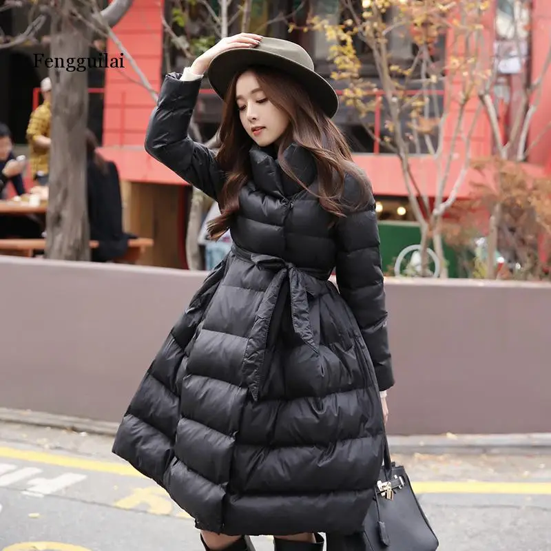 winter fashion women Coats medium-long cotton-padded jacket Thick lacing waist Large Hem Parka Overcoat