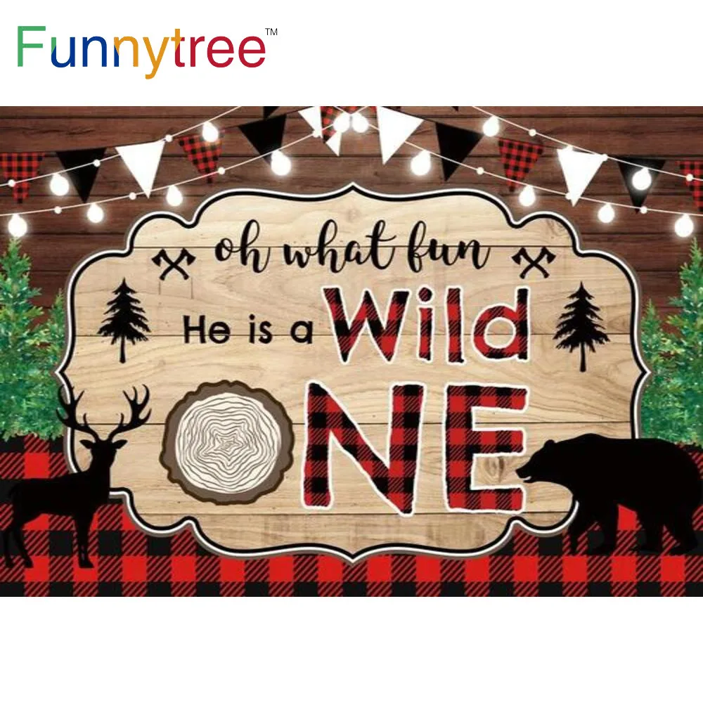 Funnytree Wild One Year Baby Birthday 1st Party Background Forests Lattice Adventure Wood Animals Banner Photozone Backdrop