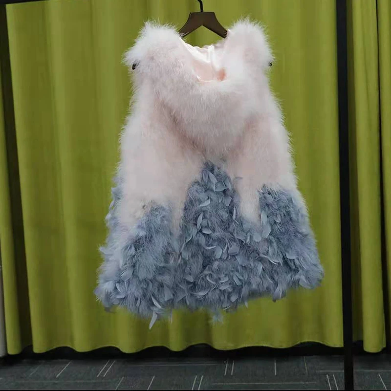 New Turkey feather waistcoat with hat and big swing, medium and long fur coat can be customized