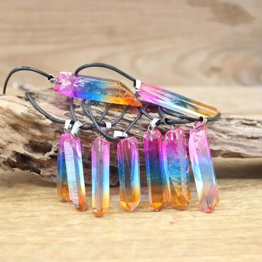 Natural Tri-color Crystal Irregular Colorful Strip Quartz Point Pendant Stone Healing Gemstone Necklace Women Jewelry,QC3197